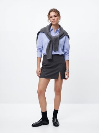 Slim Fit Yırtmaçlı Mini Gri Etek