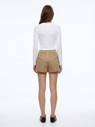 Slim Fit Şeritli Mini Bej Şort Etek
