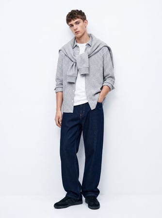 Relaxed Fit Kareli Uzun Kollu Beyaz Gömlek