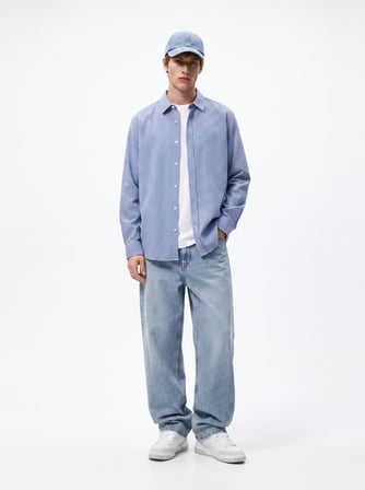 Relaxed Fit Mikro Ekoseli Uzun Kollu Beyaz Gömlek