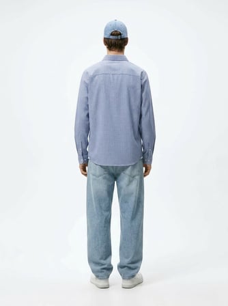 Relaxed Fit Mikro Ekoseli Uzun Kollu Beyaz Gömlek
