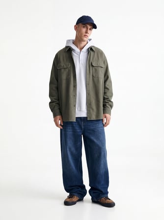 Relaxed Fit Düğme Detaylı Kapüşonlu Mavi Sweatshırt