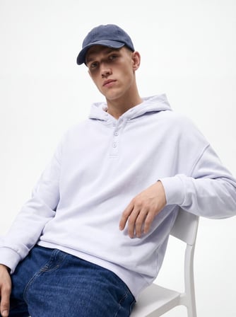 Relaxed Fit Düğme Detaylı Kapüşonlu Mavi Sweatshırt
