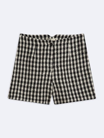 Slim Fit Kare Desenli Mini Siyah Şort