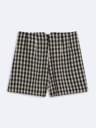 Slim Fit Kare Desenli Mini Siyah Şort