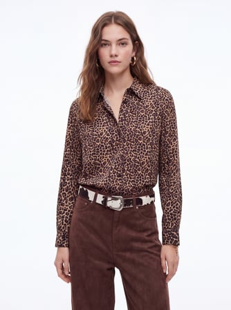 Straight Fit Leopar Desenli Uzun Kollu Siyah Gömlek