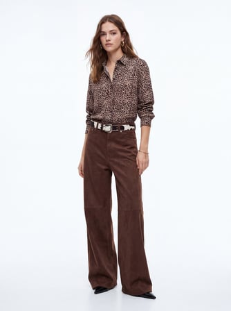 Straight Fit Leopar Desenli Uzun Kollu Siyah Gömlek