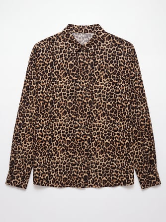 Straight Fit Leopar Desenli Uzun Kollu Siyah Gömlek