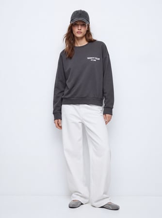 Regular Fit Yazı Baskılı Bisiklet Yaka Gri Sweatshırt