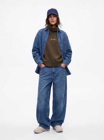 Relaxed Fit Boğazlı Yaka Minimal Baskılı Yeşil Sweatshırt
