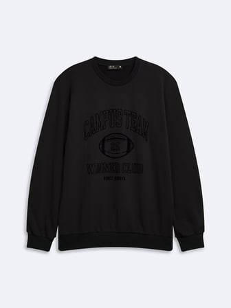 Regular Fit Baskı Detaylı Bisiklet Yaka Siyah Sweatshırt