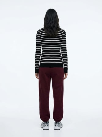 Slim Fit Yaka Detaylı Çizgili Siyah Kazak
