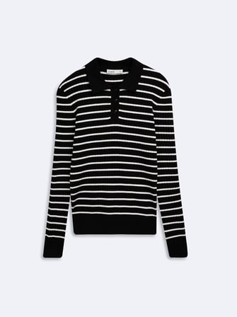 Slim Fit Yaka Detaylı Çizgili Siyah Kazak