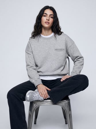 Relaxed Fit Yazı Baskılı Gri Sweatshırt