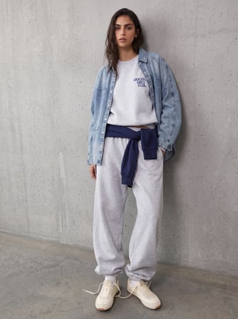Relaxed Fit Yazı Baskılı Bisiklet Yaka Gri Sweatshırt