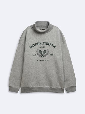 Relaxed Fit Yazı Baskılı Boğazlı Yaka Gri Sweatshırt