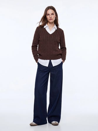 Slim Fit V Yaka Triko Kahverengi Kazak