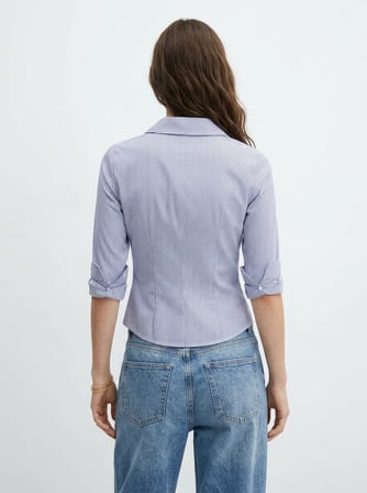 Skinny Fit Belden Oturtmalı Çizgili Mavi Gömlek