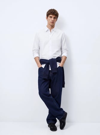 Slim Fit Yaka Detaylı Uzun Kollu Beyaz Gömlek