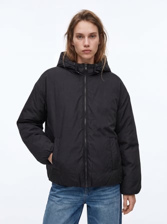 Relaxed Fit Şişme Kapüşonlu Siyah Mont