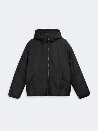 Relaxed Fit Şişme Kapüşonlu Siyah Mont