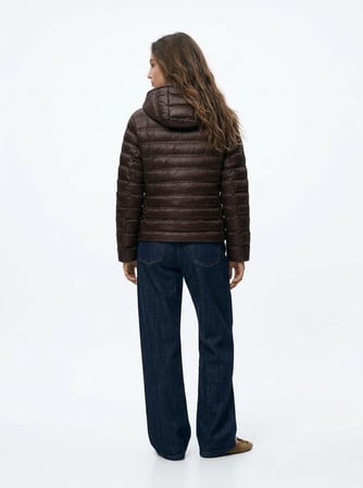 Regular Fit Şişme Kapüşonlu Kahverengi Mont