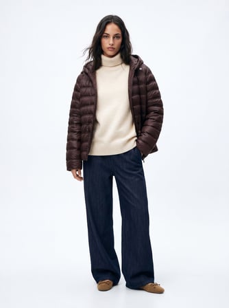 Regular Fit Şişme Kapüşonlu Kahverengi Mont