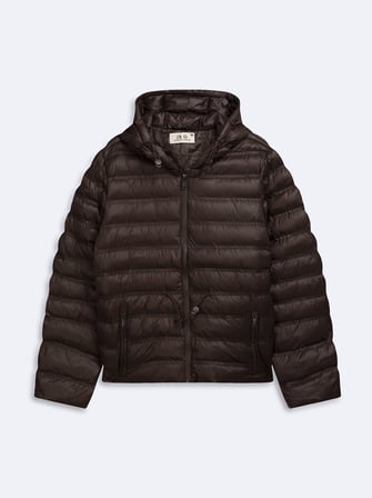 Regular Fit Şişme Kapüşonlu Kahverengi Mont