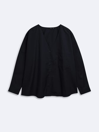 Oversize V Yaka Cep Detaylı Lacivert Gömlek