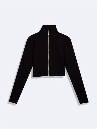 Slim Fit Dik Yaka Crop Siyah Kazak