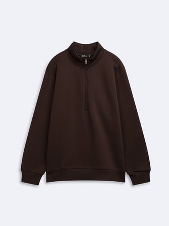 Regular Fit Dik Yaka Yarım Fermuarlı Kahverengi Sweatshırt