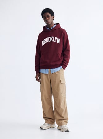 Relaxed Fit Yazı Baskılı Kapüşonlu Bordo Sweatshırt