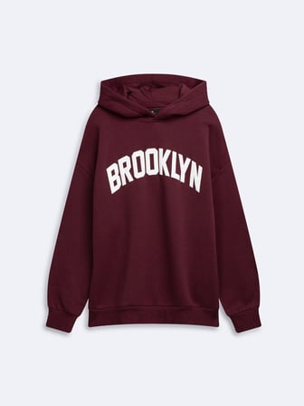 Relaxed Fit Yazı Baskılı Kapüşonlu Bordo Sweatshırt