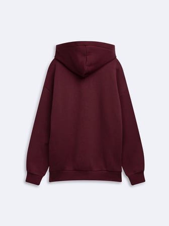 Relaxed Fit Yazı Baskılı Kapüşonlu Bordo Sweatshırt