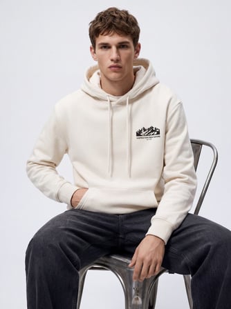 Regular Fit Baskı Detaylı Kapüşonlu Krem Sweatshırt