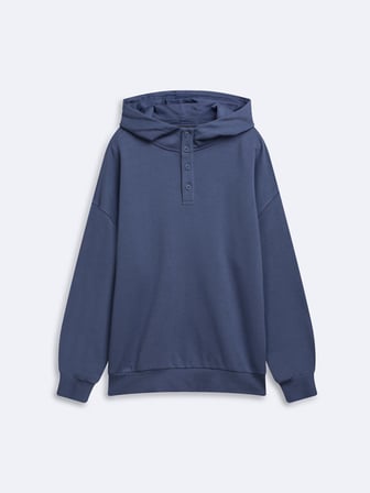 Relaxed Fit Düğme Detaylı Kapüşonlu Mavi Sweatshırt