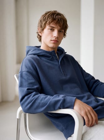 Relaxed Fit Düğme Detaylı Kapüşonlu Mavi Sweatshırt