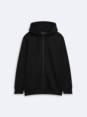 Regular Fit Fermuarlı Kapüşonlu Siyah Sweatshırt