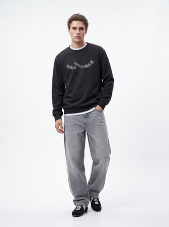 Regular Fit Sign Baskılı Bisiklet Yaka Antrasit Sweatshırt