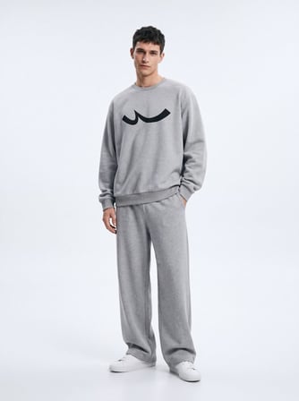 Regular Fit Sign Baskılı Bisiklet Yaka Gri Sweatshırt