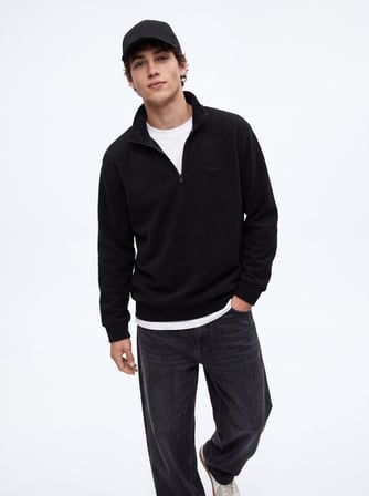 Regular Fit Dik Yaka Polar Siyah Sweatshırt