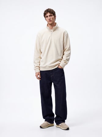 Regular Fit Dik Yaka Polar Krem Sweatshırt