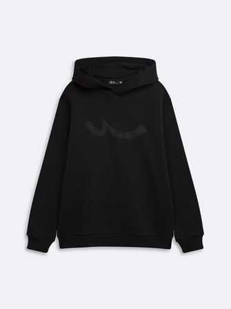 Regular Fit Sign Baskılı Kapüşonlu Siyah Sweatshırt