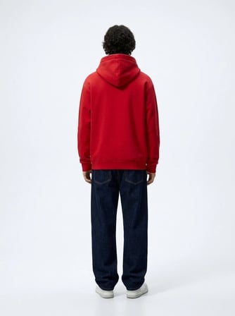 Regular Fit Sign Baskılı Kapüşonlu Kırmızı Sweatshırt