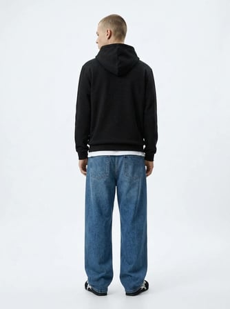 Regular Fit Sign Baskılı Kapüşonlu Siyah Sweatshırt