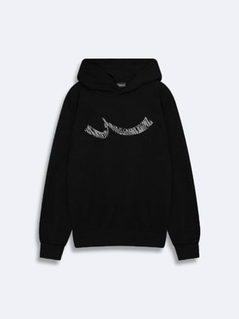 Regular Fit Sign Baskılı Kapüşonlu Siyah Sweatshırt