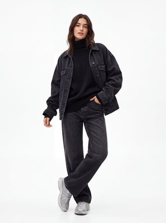 Relaxed Fit Boğazlı Yaka Triko Siyah Kazak