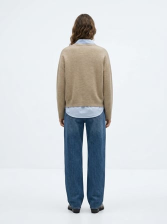 Relaxed Fit V Yaka Triko Bej Kazak