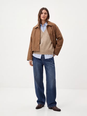 Relaxed Fit V Yaka Triko Bej Kazak