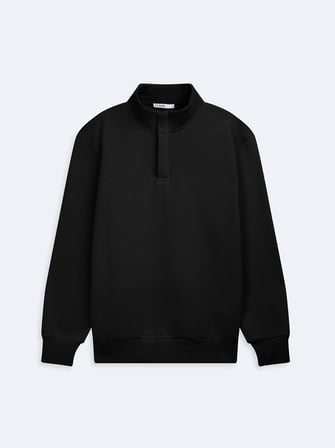 Regular Fit Dik Yaka Düğme Detaylı Siyah Sweatshırt